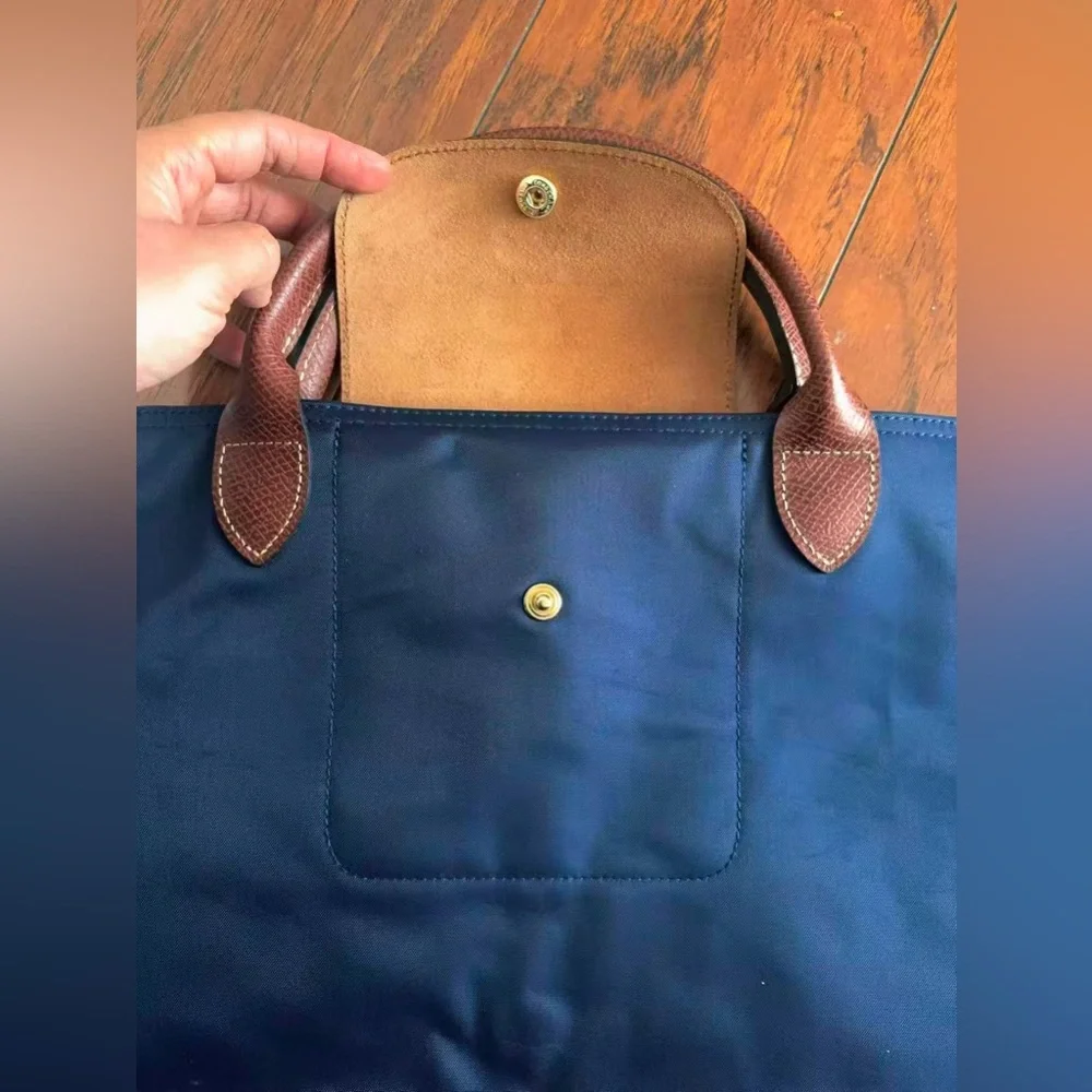 Longchamp Tote Bag extra Large navy Nylon Tote Bag with Brown Leather Handles - Picture 14 of 14